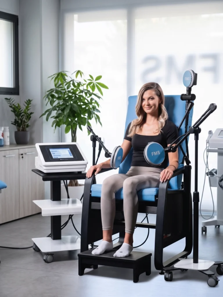 Donna seduta e vestita durante una seduta di riabilitazione del pavimento pelvico con la Sedia Magnetica Tesla Care FMS in un centro Fisioporsia