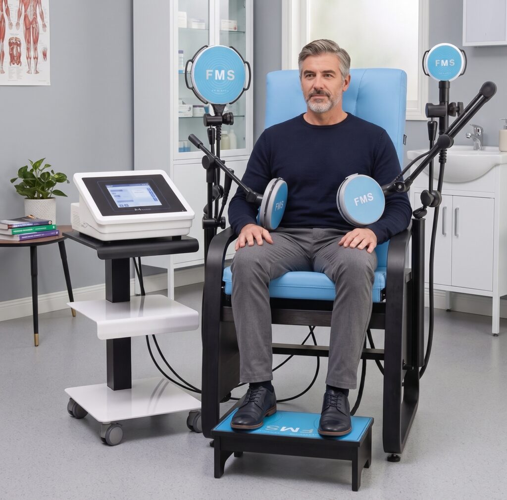Riabilitazione del pavimento pelvico restando seduti e vestiti: una soluzione non invasiva e indolore a Nova Siri Scalo 2 Uomo adulto seduto e vestito durante una seduta di riabilitazione del pavimento pelvico con la Sedia Magnetica Tesla Care FMS in un centro Fisioporsia