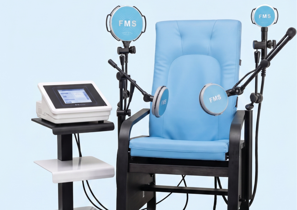Sedia Magnetica Tesla Care FMS per la riabilitazione del pavimento pelvico, con applicatori e console touchscreen, nei centri Fisioporsia