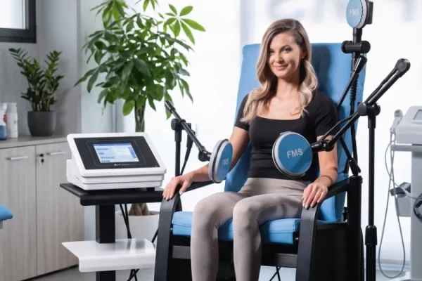 Donna seduta e vestita durante una seduta di riabilitazione del pavimento pelvico con la Sedia Magnetica Tesla Care FMS in un centro Fisioporsia